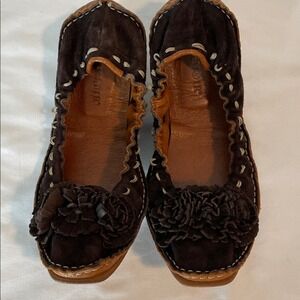 Vintage Cafe Noir Brown Suede Leather Flower Ballet Flats Shoes‎ Women Size 40